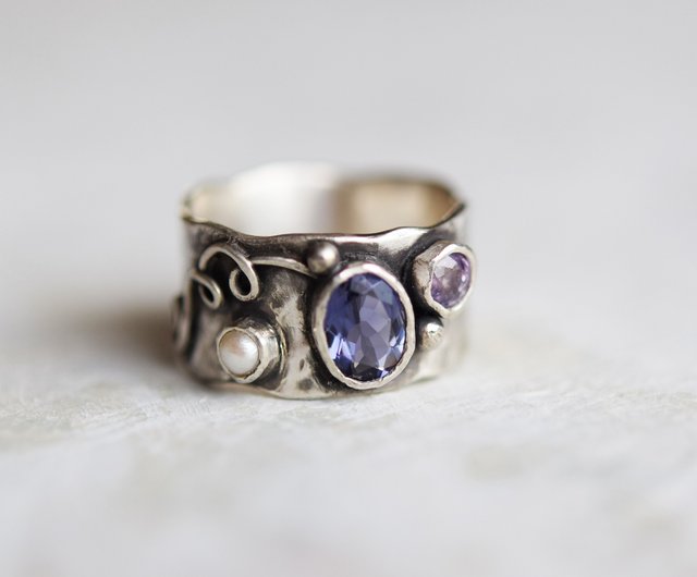 silver925 iolite and sapphire gemstone ring - 設計館派果利奈戒指