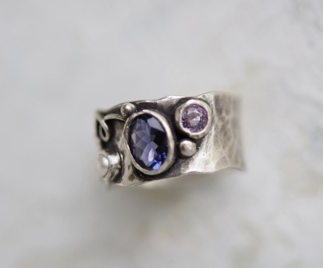 silver925 iolite and sapphire gemstone ring - 設計館派果利奈戒指