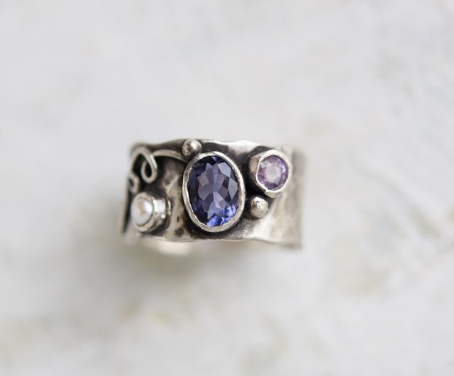 silver925 iolite and sapphire gemstone ring - 設計館派果利奈戒指