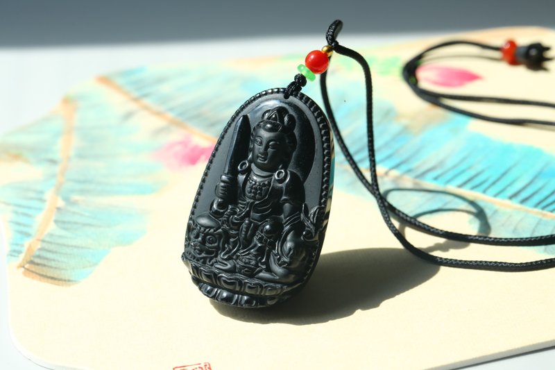 【文殊菩薩】黑曜石項鏈/十二生肖兔掛件觀音玉珮 - 項鍊 - 玉石 黑色