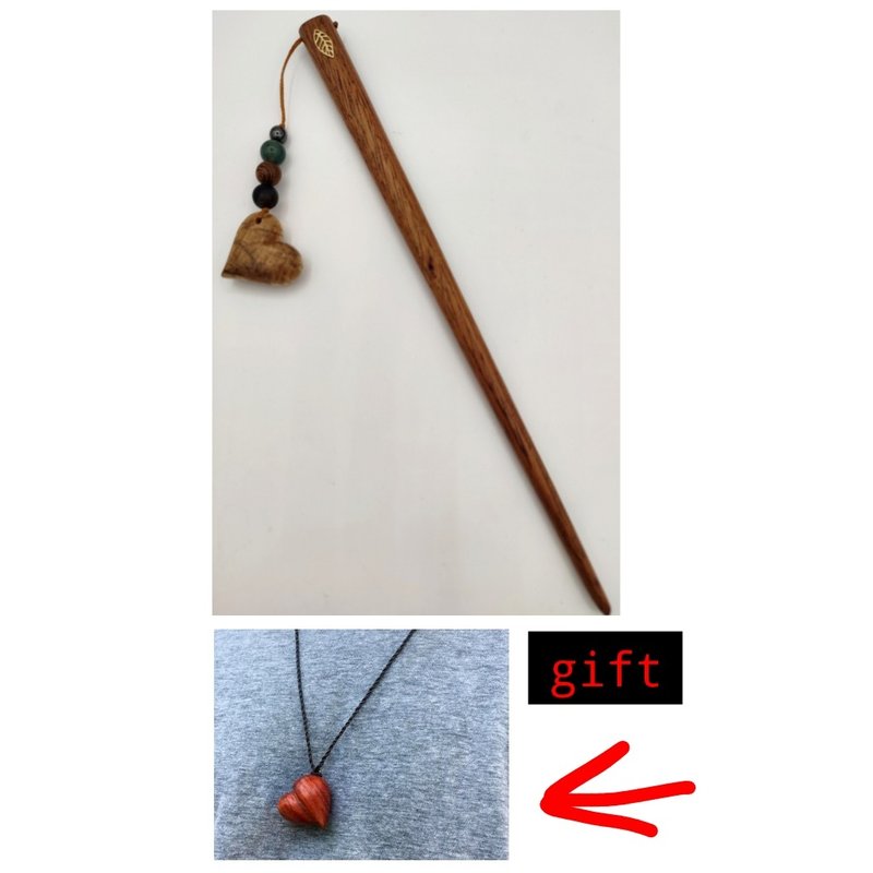 Wooden handmade hairstick with 18k gold and beads and handcarved heart with gift - เครื่องประดับผม - ไม้ 