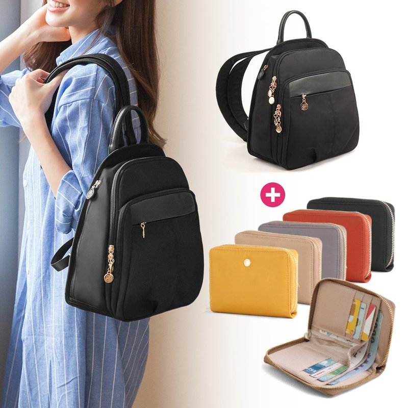 CHENSON 8-pocket backpack + nylon 10-card mid-fold bag clip two-piece set (CG83329+W24616) - กระเป๋าเป้สะพายหลัง - ไนลอน สีดำ