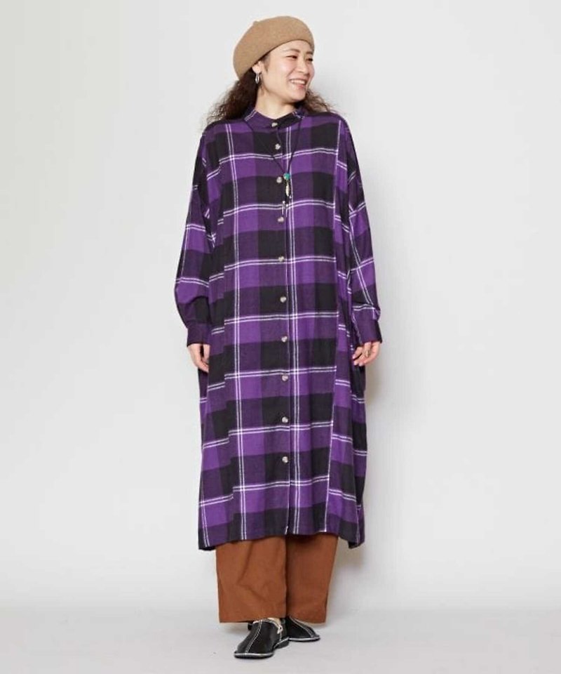 [Popular pre-order] Classic loose and practical long collarless plaid shirt dress (3 colors) ISA-4108 - เสื้อเชิ้ตผู้หญิง - ผ้าฝ้าย/ผ้าลินิน 