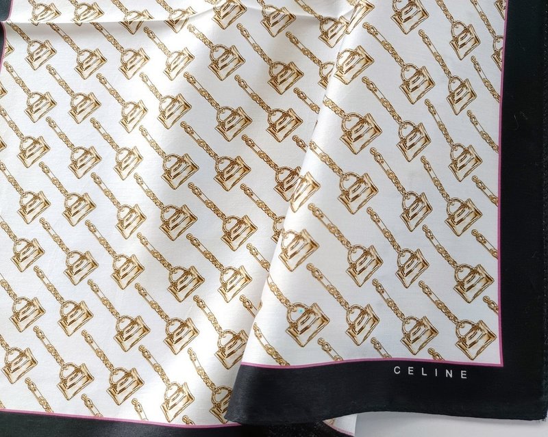 Celine 古董手帕 鎖頭與鏈條圖案 20 x 19 英吋 - 手帕 - 棉．麻 白色