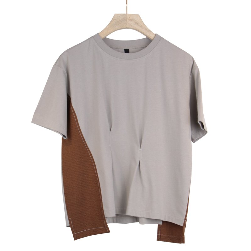 卡其灰/咖 - 前後抓褶拼色造型上衣 #U1178 - 女上衣/長袖上衣 - 棉．麻 卡其色