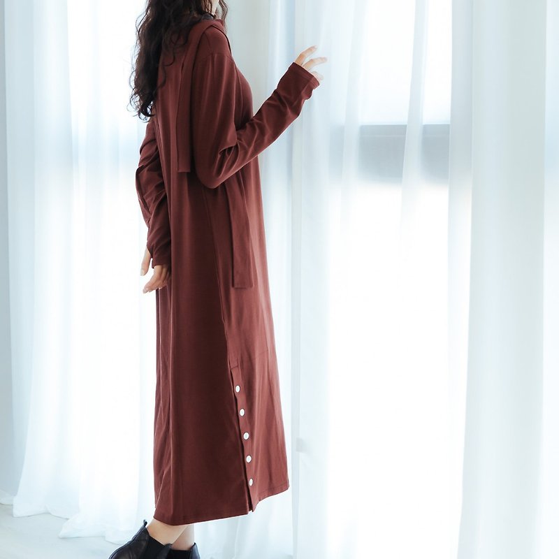 Detachable Scarf Long Sleeve Dress | Brown - ชุดเดรส - ผ้าฝ้าย/ผ้าลินิน สีนำ้ตาล