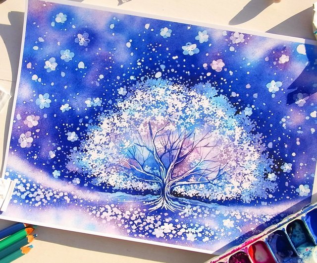 Snow flower】水彩画 アートプリント 雪景色 ブルーインテリア