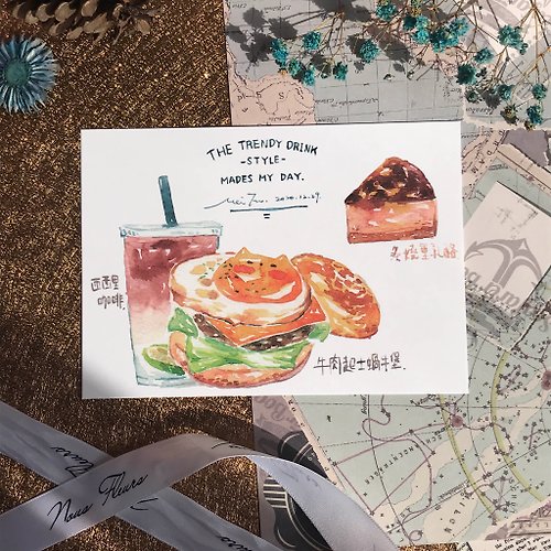 梅刺小舖 喵食咖啡廳-明信片(貓咪蝸牛堡、貓咪貝果、提拉米蘇)