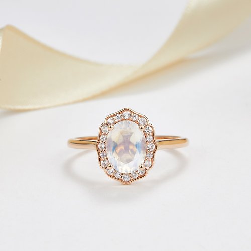 Purplemay Jewellery 【輕奢系列】18K金純天然月亮石鑽石圍石訂婚戒指 - R107