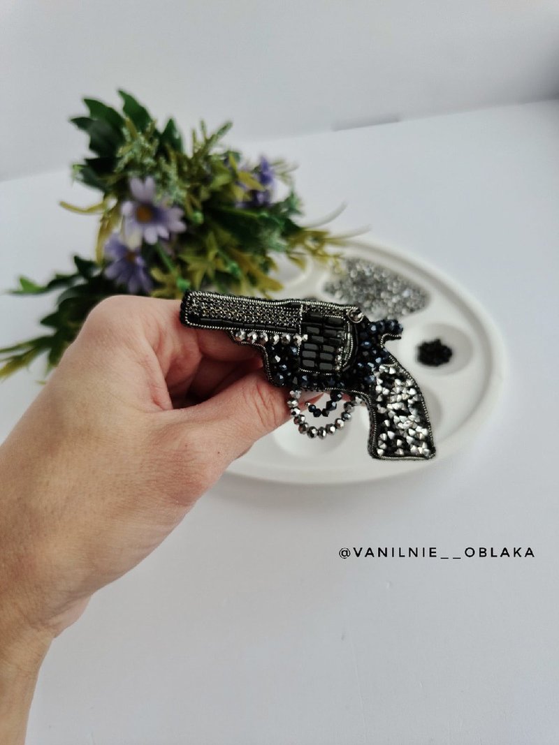 胸針手槍左輪手槍串珠胸針手槍 - 胸針 - 水晶 黑色
