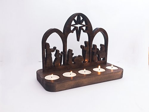 VLDWoodStudio 聖誕場景設置燭台聖誕木製裝飾出現 5 支蠟燭