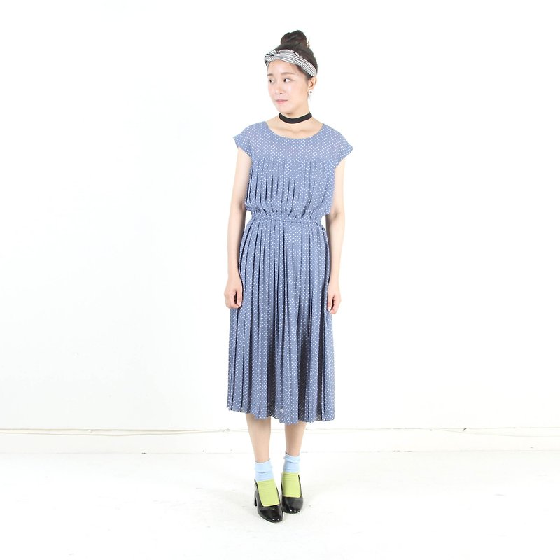 [Egg Plant Vintage] Pleated Sleeveless Vintage Dress - ชุดเดรส - เส้นใยสังเคราะห์ สีน้ำเงิน