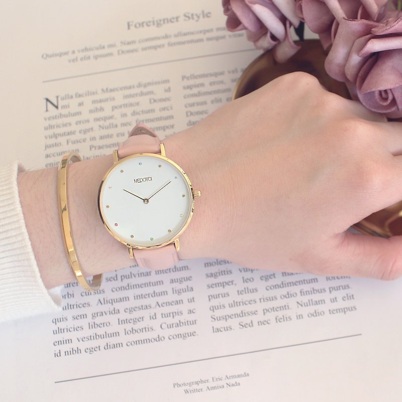 RAINBOW系列優雅彩色鑽石粉色真皮錶帶女錶 / RO-10601 金色 - 女錶 - 不鏽鋼 