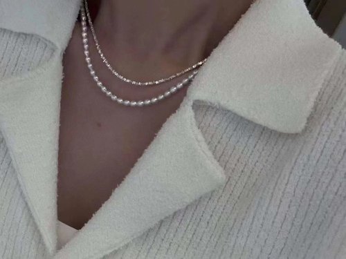 Angel's tears 天使之淚 Jewelry Design 天然原色淡水米型珍珠 純銀碎銀子設計雙層項鍊s
