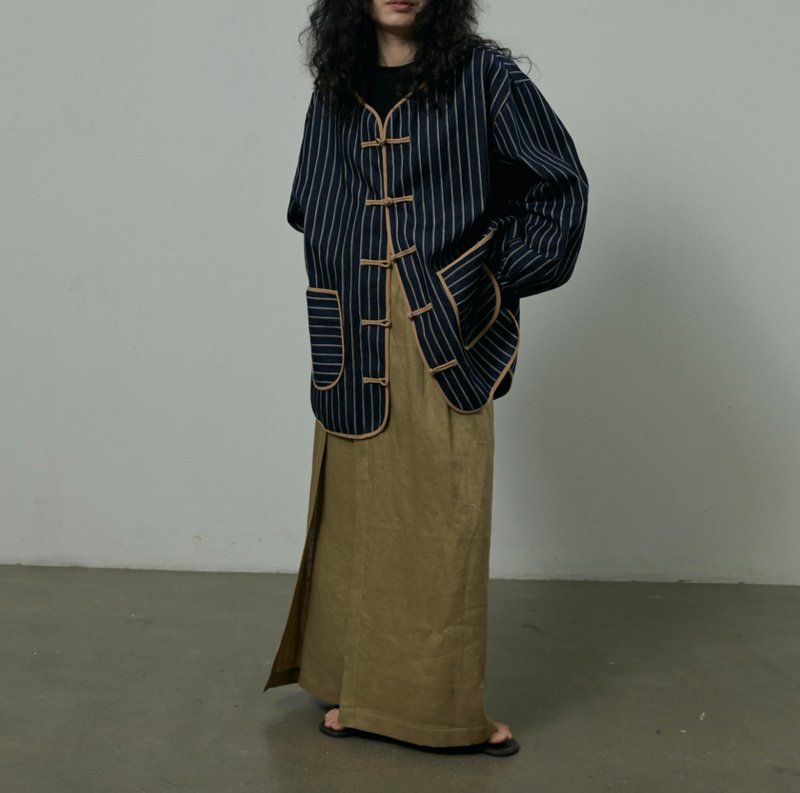 Retro Literary Youth New Chinese Style Button Cardigan Jacket - เสื้อแจ็คเก็ต - วัสดุอื่นๆ สีน้ำเงิน