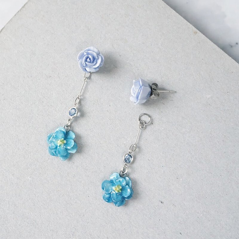 雙花款 兩用垂墜水晶耳環耳夾 手工黏土裱花 可客製 - 耳環/耳夾 - 黏土 藍色