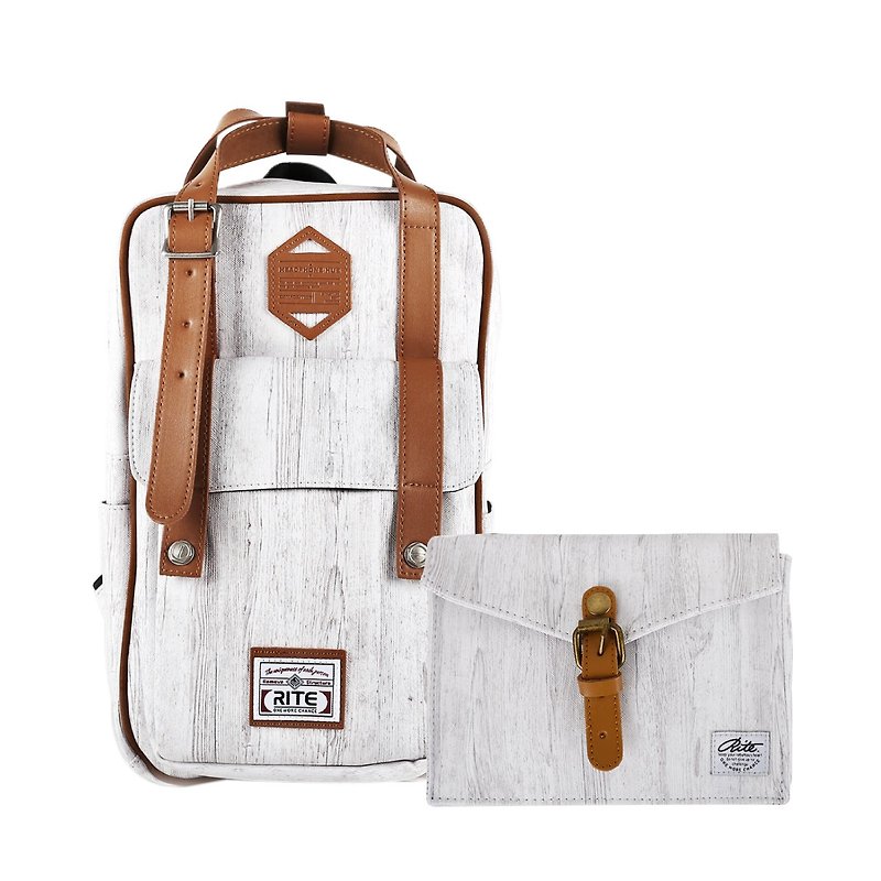 【New Year's first - Flush Promotion】 Twin Series | Mobile Package (M) x Walking Bag (Horizontal) - Light Wood - กระเป๋าเป้สะพายหลัง - หนังแท้ ขาว