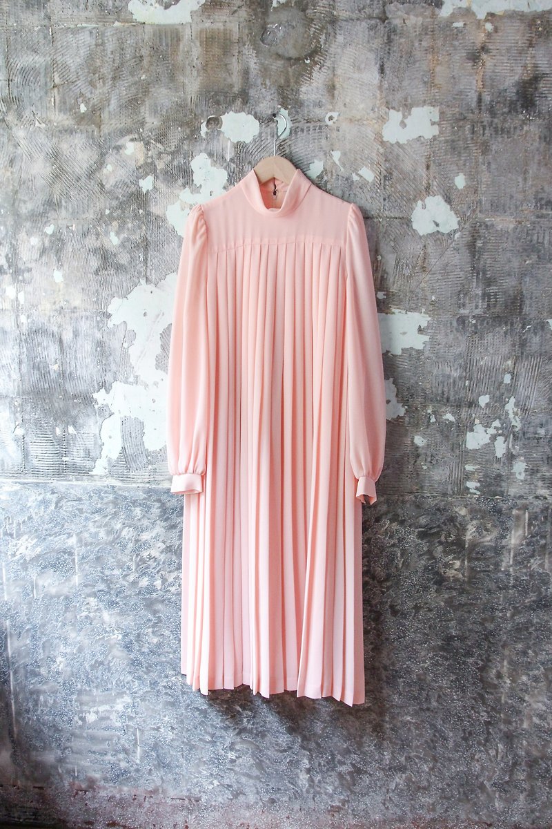 裊裊百貨公司-Vintage 日本小高領百摺粉色洋裝 - 連身裙 - 其他材質 