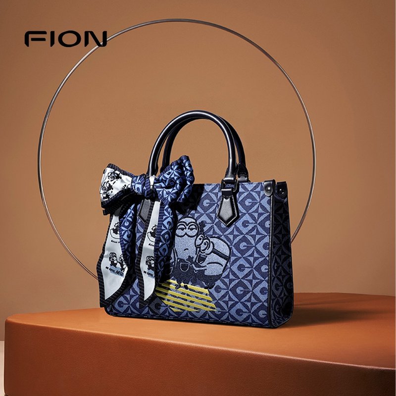 【Free Gift Event】Minions Jacquard with Leather Medium Tote Bag - Handbags & Totes - Thread Blue