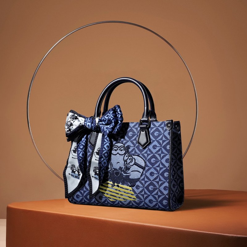 【Free Gift Event】Minions Jacquard with Leather Medium Tote Bag - Handbags & Totes - Thread Blue