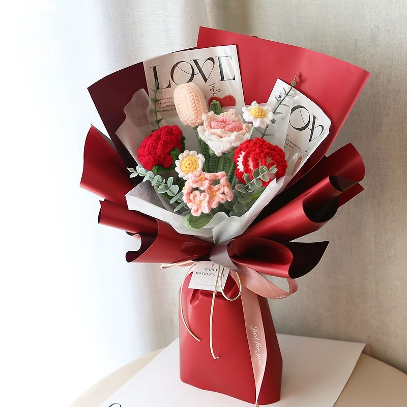 G59 red Mother’s Day knitted bouquet/knitted carnation bouquet knitted bouquet - ช่อดอกไม้แห้ง - พืช/ดอกไม้ สีแดง