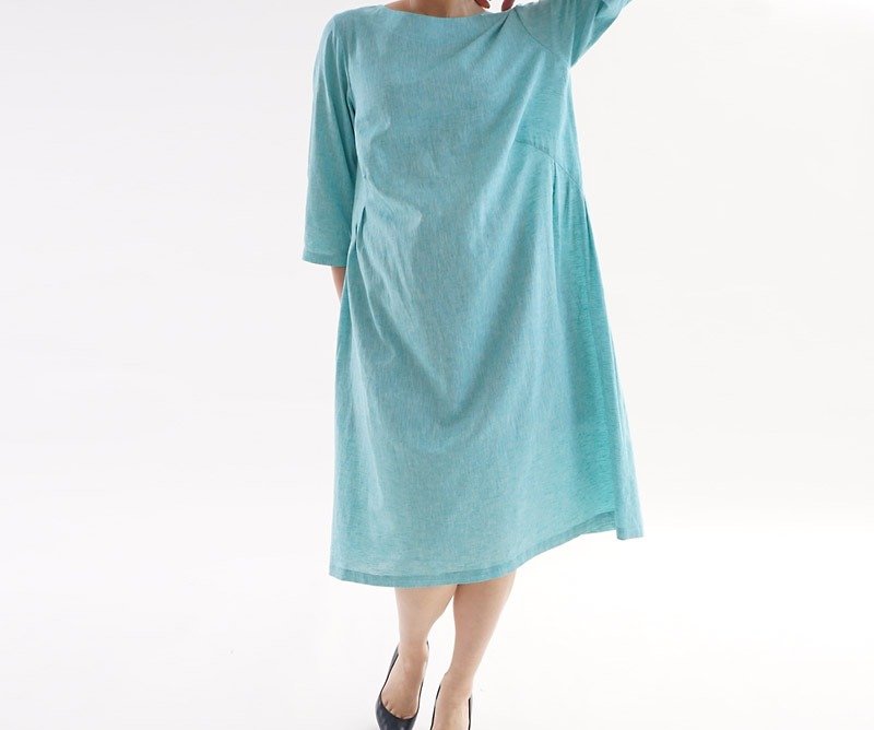 Chambray cotton side tack one piece dress / mint green a1-13 - One Piece Dresses - Other Materials Blue