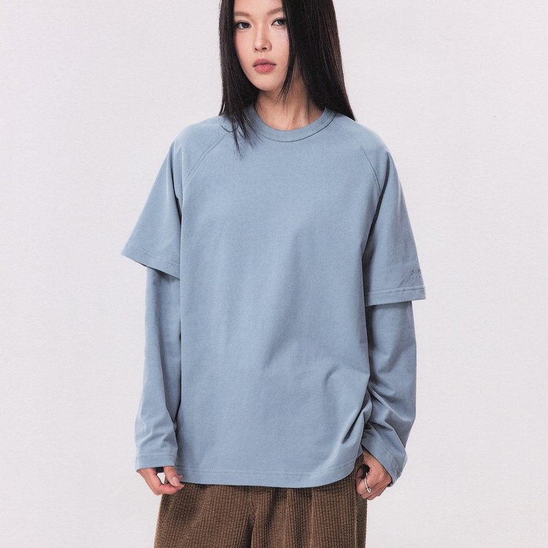 假兩件LOGO印花輕絨感寬松長袖T恤簡約基礎圓領長TEE - 帽T/大學T - 棉．麻 藍色