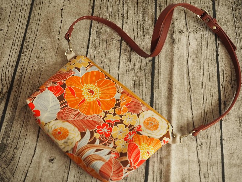 オレンジ色の花柄の手縫いトートサイドショルダーバッグキャンバスハンドバッグ