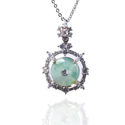 瓔珞珠寶盒 E.L.Jewelry Box 【願‧平安】冰種飄綠花翡翠平安扣項鍊 925純銀 | 天然緬甸玉A貨