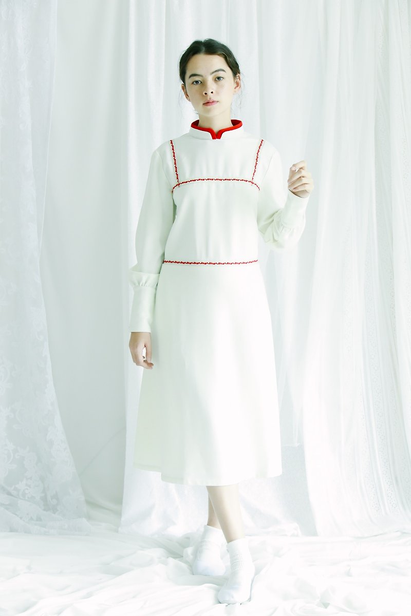 crew neck double collar dress with back button - One Piece Dresses - Wool White