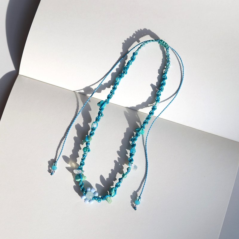Flower blue mint turquoise woven waxed cord choker necklace - 項鍊 - 繡線 藍色