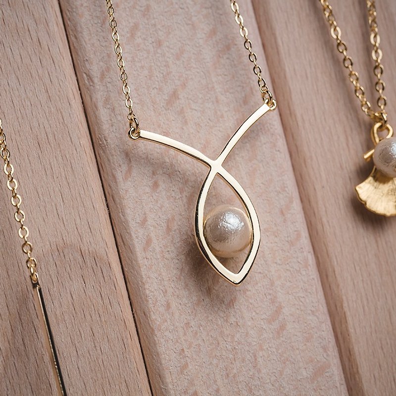 棉珍珠項鍊 - Almond - 手鍊/手環 - 其他金屬 金色