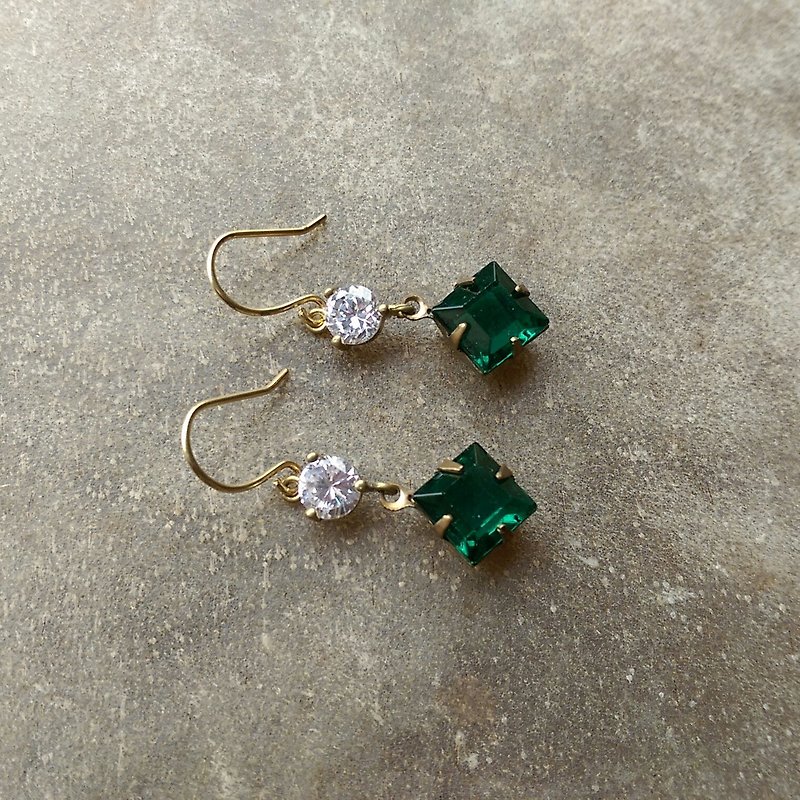Square green antique glass CZ Earrings - Earrings & Clip-ons - Gemstone 