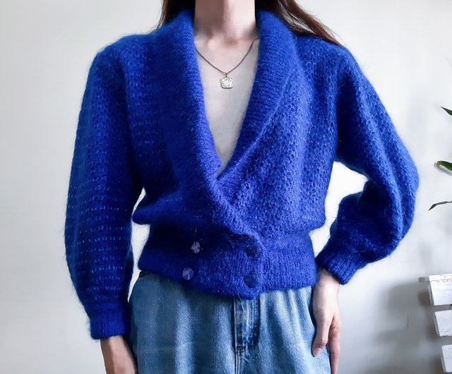 PIERRE CARDIN Vintage 1980s Blue Cardigan Double Breasted Sweater Balloon Sleeve Shop ISSARA ART GALLERY Women s Casual Functional Jackets Pinkoi