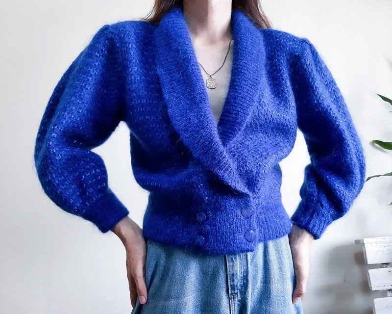 PIERRE CARDIN 復古 1980 年代藍色開衫雙排扣毛衣燈籠袖開襟衫 M - 女大衣/外套 - 羊毛 藍色