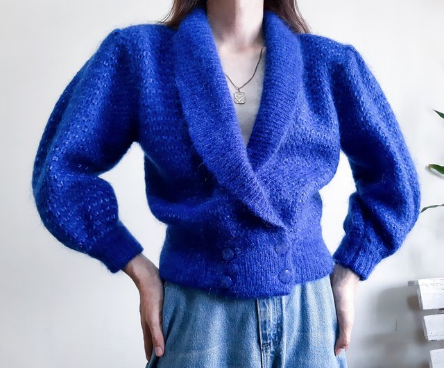 PIERRE CARDIN Vintage 1980s Blue Cardigan Double Breasted Sweater Balloon Sleeve Shop ISSARA ART GALLERY Women s Casual Functional Jackets Pinkoi