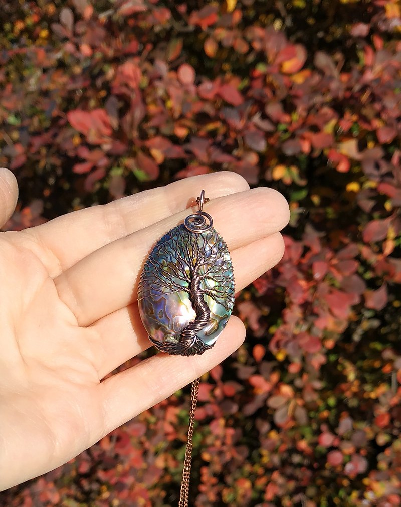Rainbow Abalone Wire Wrap Tree Of Life Necklace, Copper Anniversary Gift, 手工禮物 - 項鍊 - 其他材質 多色