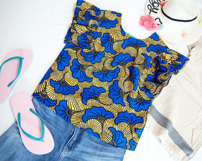 African print - top BLUExYELLOW - เสื้อผู้หญิง - ผ้าฝ้าย/ผ้าลินิน หลากหลายสี