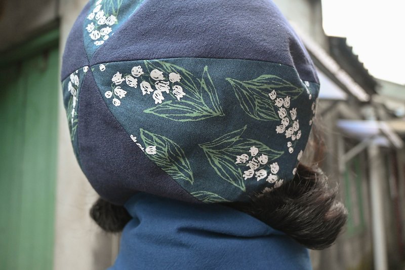 [Valley Lily] Hand-printed beret/beret/painter hat/lily of the valley - Hats & Caps - Cotton & Hemp Blue