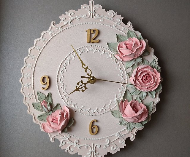 保育園の壁時計 バラの小さなピンクの壁時計 サイレント壁時計 女の子へのギフト - ショップ YourFloralDreams 時計 - Pinkoi