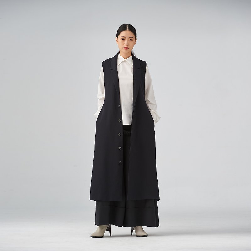 Black wool-twill long vest - เสื้อแจ็คเก็ต - ขนแกะ สีดำ