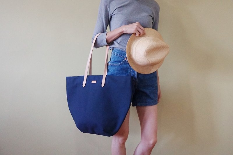 Navy Blue Beach Tote Bag with Leather Strap - Casual Weekend Tote - Handbags & Totes - Cotton & Hemp Blue
