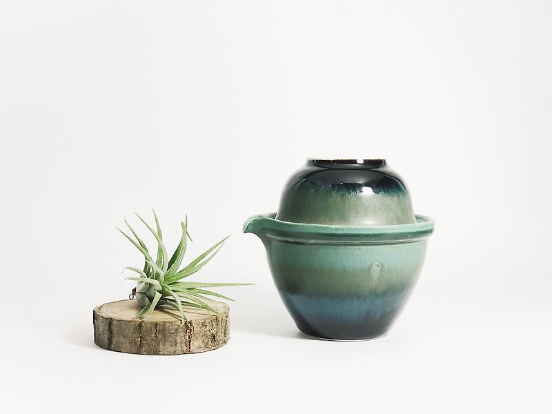 手作陶瓷窑变旅行一人壶茶具－山水绿 - 茶具/茶杯 - 瓷 綠色
