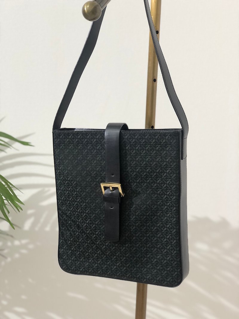 [Japan direct delivery name plate used package] LOEWE Loewe total pattern front belt leather x nylon shoulder bag black vintage 7hprps - Handbags & Totes - Genuine Leather Black