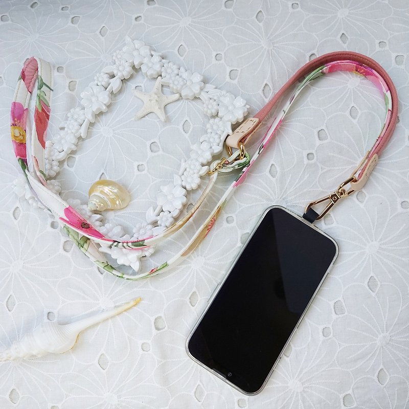 Three-in-one multi-functional rose pink large flower Korean cotton mobile phone oblique strap / oblique strap / back rope / - Lanyards & Straps - Cotton & Hemp Pink