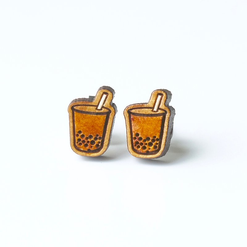 Painted wood earrings-Bubble tea - Earrings & Clip-ons - Wood Brown