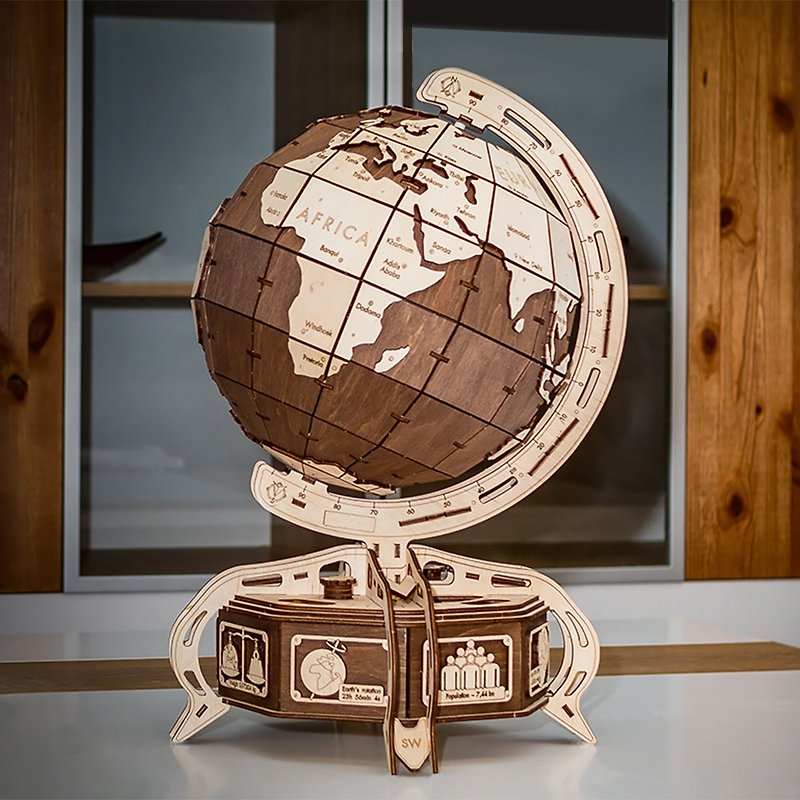 Hand-made power model globe brown wooden combination movable ornament - Items for Display - Wood Khaki