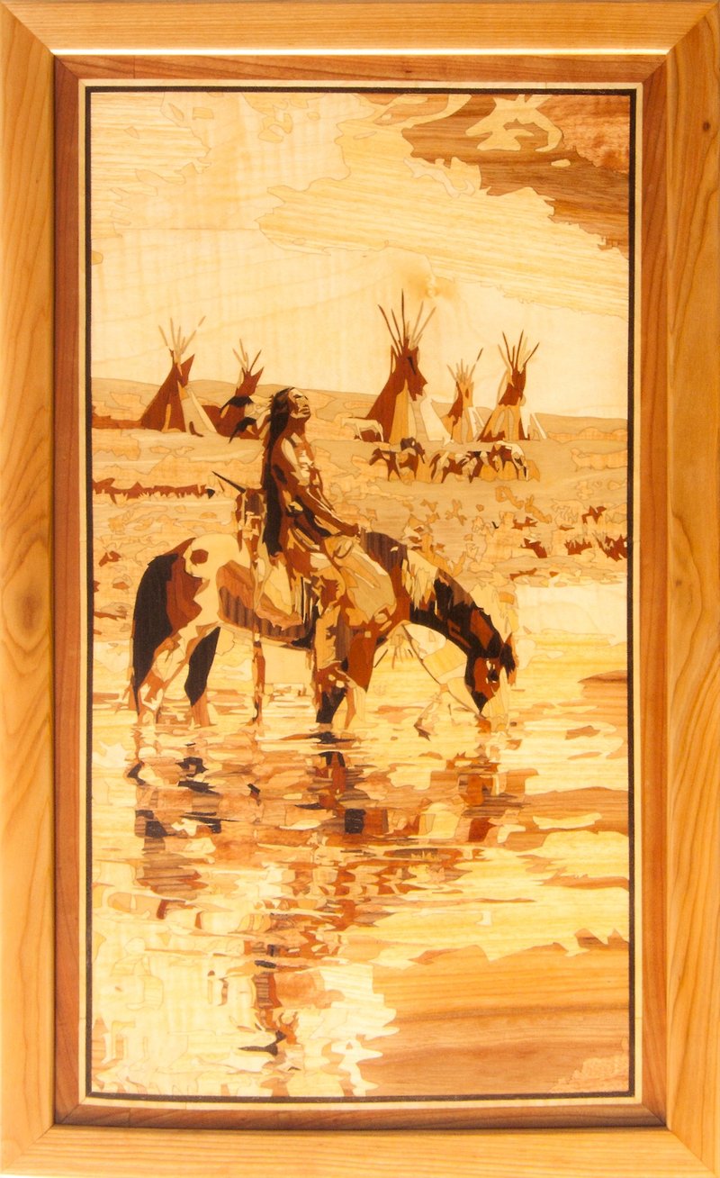 Native American Indian on horse landscape Vintage rustic style marquetry inlay - Wall Décor - Wood Orange