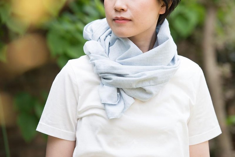 Organic Cotton薄手へリンボ―ン生地夏のマフラー 水色 - スカーフ - コットン・麻 ブルー