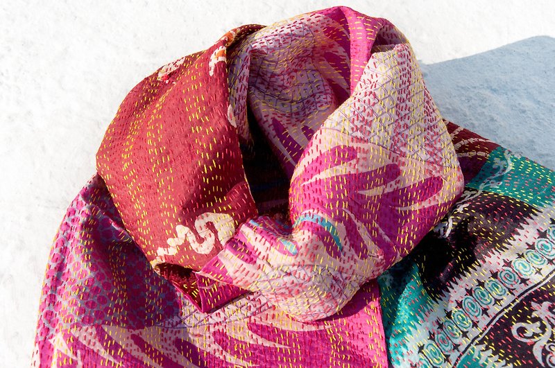 Hand-stitched Sari Fabric Scarf/Silk Embroidered Scarf/Indian Silk Embroidered Scarf-South American Flowers - ผ้าพันคอถัก - ผ้าไหม หลากหลายสี